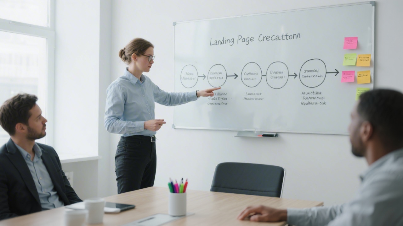 Project manager pointing at a whiteboard with a four step process diagram for landing page creation, sticky notes, markers, and clean modern meeting room