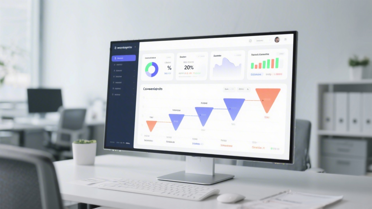 Analytics dashboard displayed on a widescreen monitor with conversion rates, session duration, and funnel steps, minimal office setting