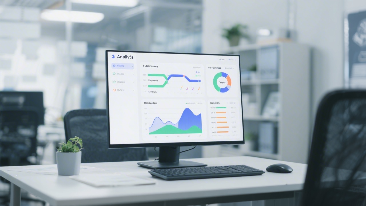 Analytics report on screen showing traffic sources and conversion metrics, clean office environment with focus on data visualization