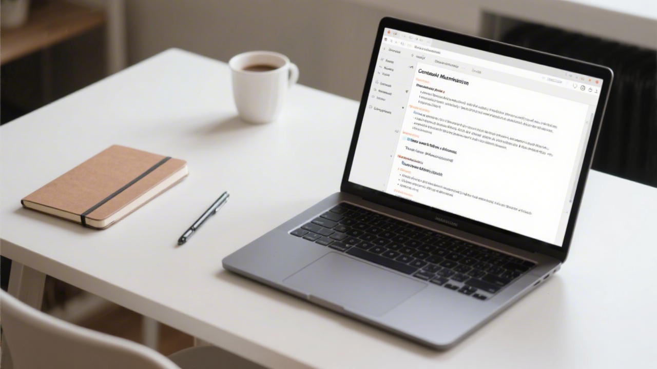 Laptop with open text editor showing concise marketing copy and headings, a notebook and coffee nearby, minimal desk setup