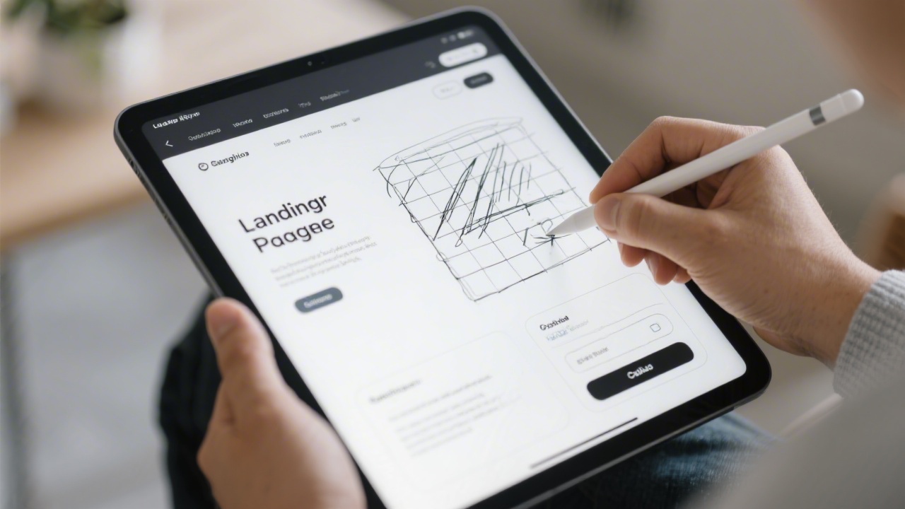 Designer sketching a clean landing page layout on a tablet with stylus, showing grid, typography, and call to action sections