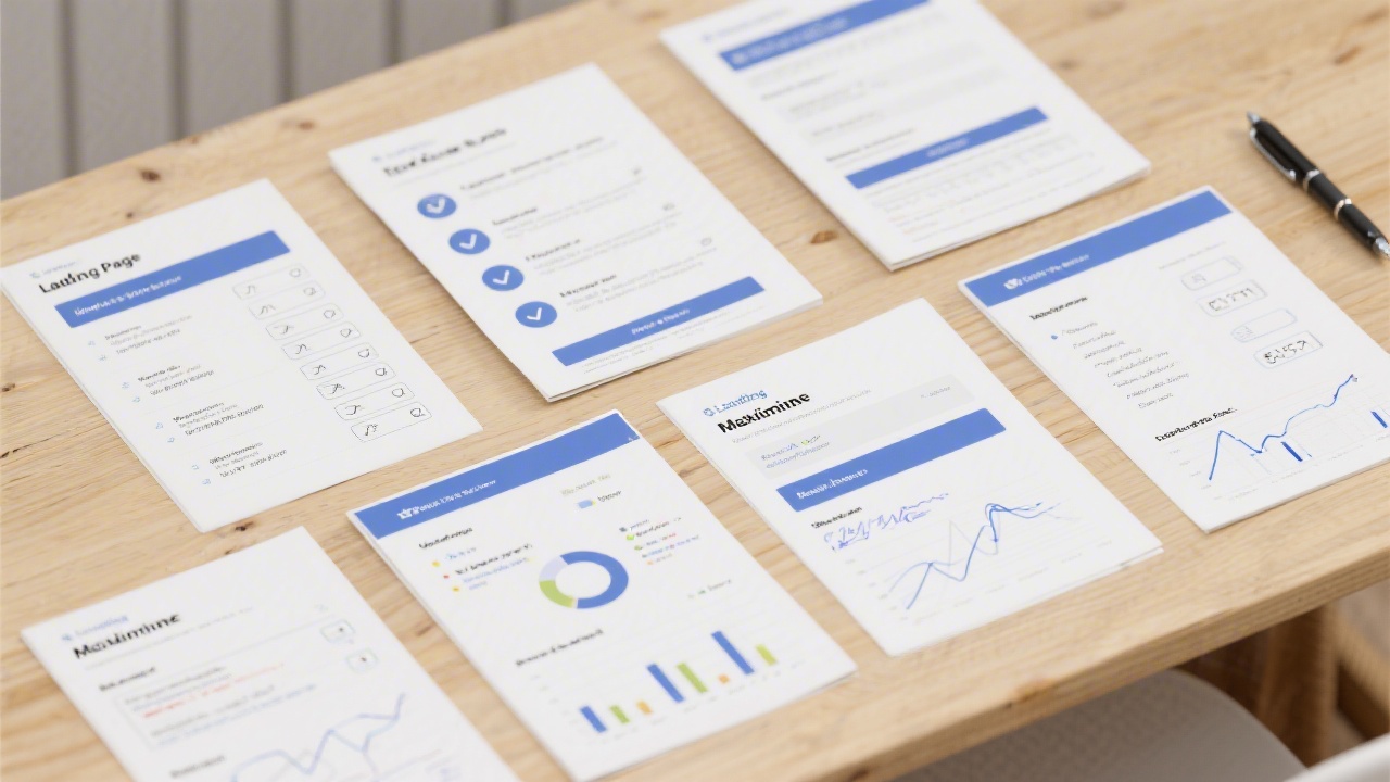 Flat lay of printed landing page sections, checklists, and analytics notes, neatly arranged on a light wooden table with a pen