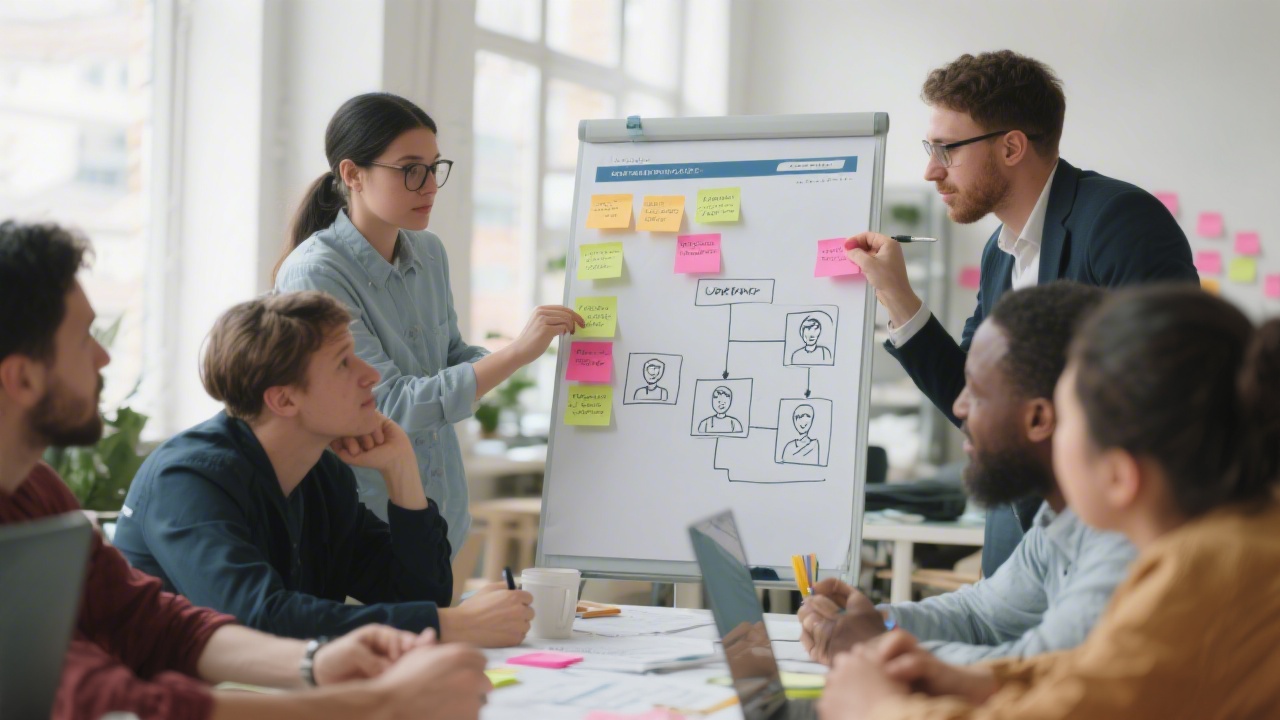 Strategy planning session with sticky notes, user personas, and a clear landing page structure drawn on paper, collaborative workspace vibe